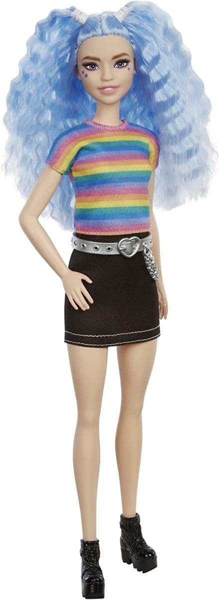 Barbie Fashion Doll & Beauty Cabello Azul, Blusa Rainbow, Minifalda y Botas