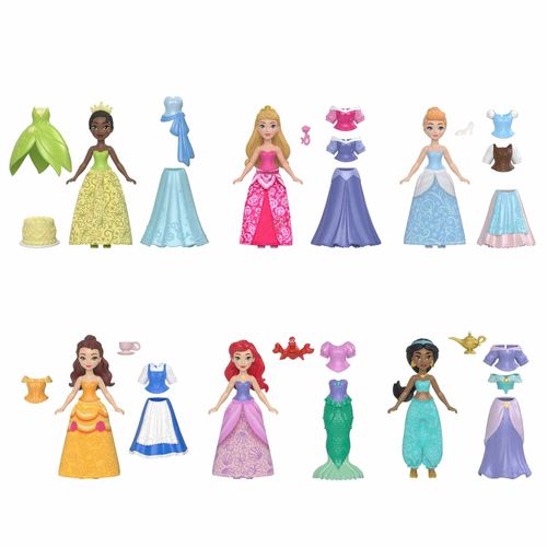 Disney Princesas Mini Figuras de Tiana, Aurora, Cenicienta, Bella, Ariel y Jazmin cada una con 2 Outfits