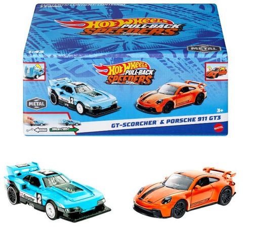 Hot Wheels Pull-Back Speeders 2 Pack Modelos:   GT Scorcher & Porsche 911 GT3.Cuentan con Sistema de Fricción