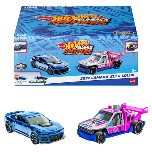 Hot Wheels Pull-Back Speeders 2 Pack Modelos: Camaro 2022, ZL1 Lolux, Cuentan con Sistema de Fricción