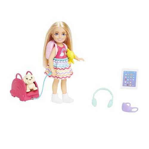 Barbie Chelsea Viajera con Perrito Incluye 7 Accesorios de Viaje