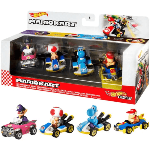 Hot Wheels Mario Kart  Set de 4 Vehículos, Incluye: Yoshi, WaLuigi, Toad y Diddy Kong