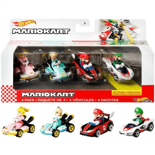 Hot Wheels Mario Kart  Set de 4 Vehículos, Incluye: Mario, Luigi, Princesas