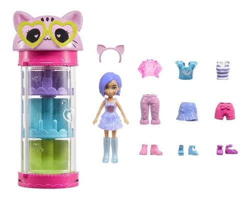 Polly Pocket Muñeca Tubo de Gatito con 3 Outfits