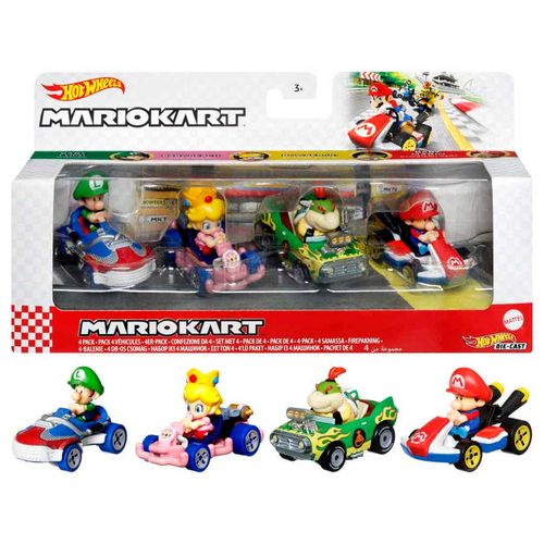 Hot Wheels Mario Kart  Set de 4 Vehículos, incluye: Baby Mario, Baby Princesa Peach, Baby Luigi y Baby Bowser