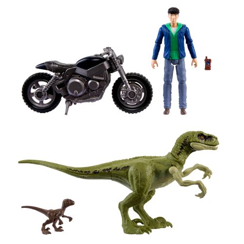 Jurassic World Animado Set de Juegos con Dos Dinosauiros, Motocicleta, Personaje Kenji y Realidad Aumentada
