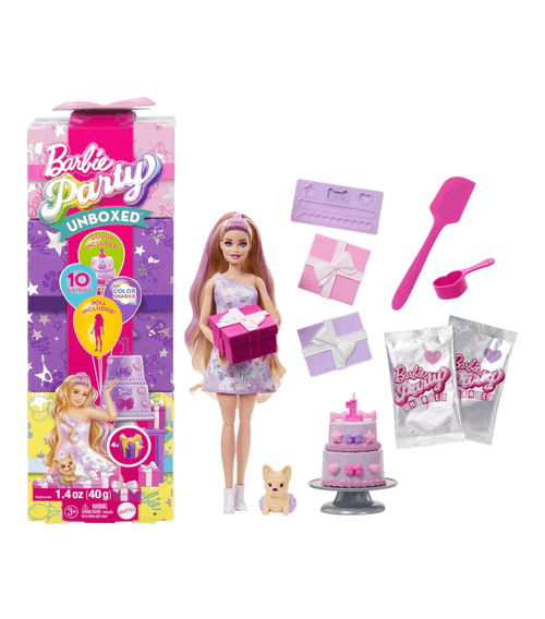 Barbie Party Unboxed Muñeca Fiesta Mascotas Vestido Morado JFG68-