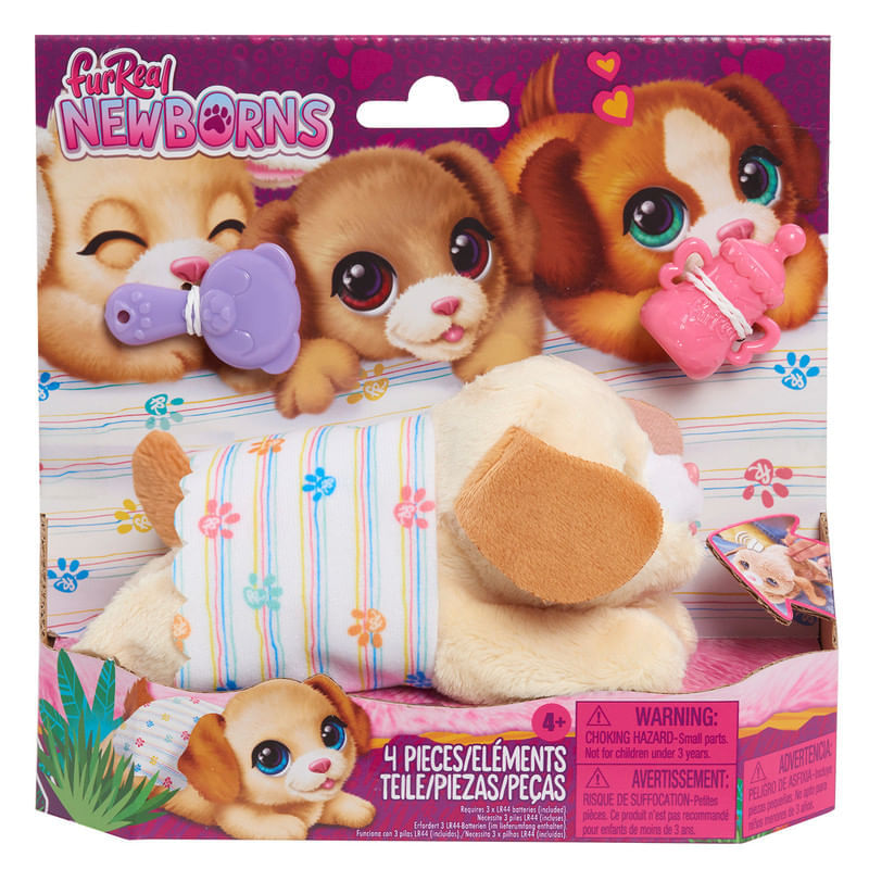 FurReal Friends Newborns – Mascota Interactiva Perro O Gato Con Ojos Que Se Abren Y Cierran, Incluye 4 Accesorios, Juguete Para Niños (Multicolor)