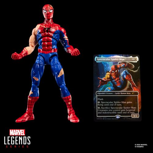 Marvel Legends Series Magic The Gathering   Hombre Araña Con Daños De Batalla Con Carta Exclusiva Metalizada De Colección