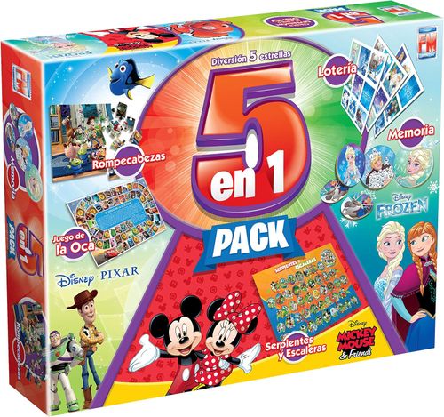 Disney 5 Juegos de Mesa en 1: Rompecabeza, Juego de la Oca, Lotería, Memoria y Serpientes y Escaleras