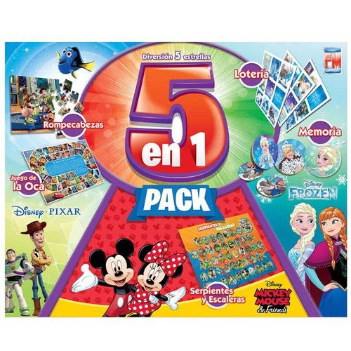 Disney 5 Juegos de Mesa en 1: Rompecabeza, Juego de la Oca, Lotería, Memoria y Serpientes y Escaleras